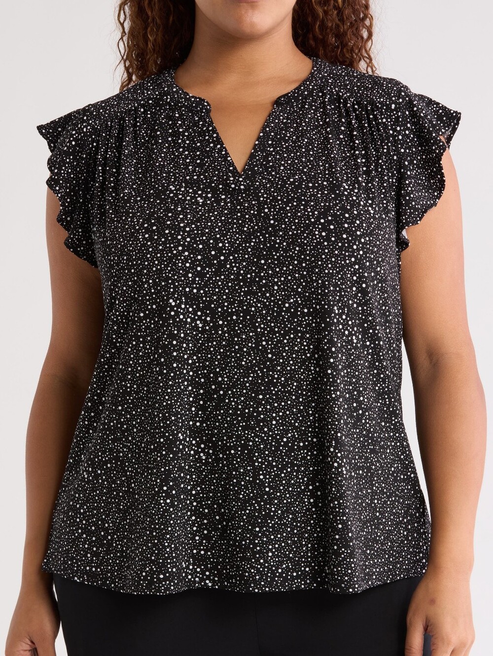Adrianna Pappel Flutter Sleeve Top - Black/Ivory Scattered Dot, 2X